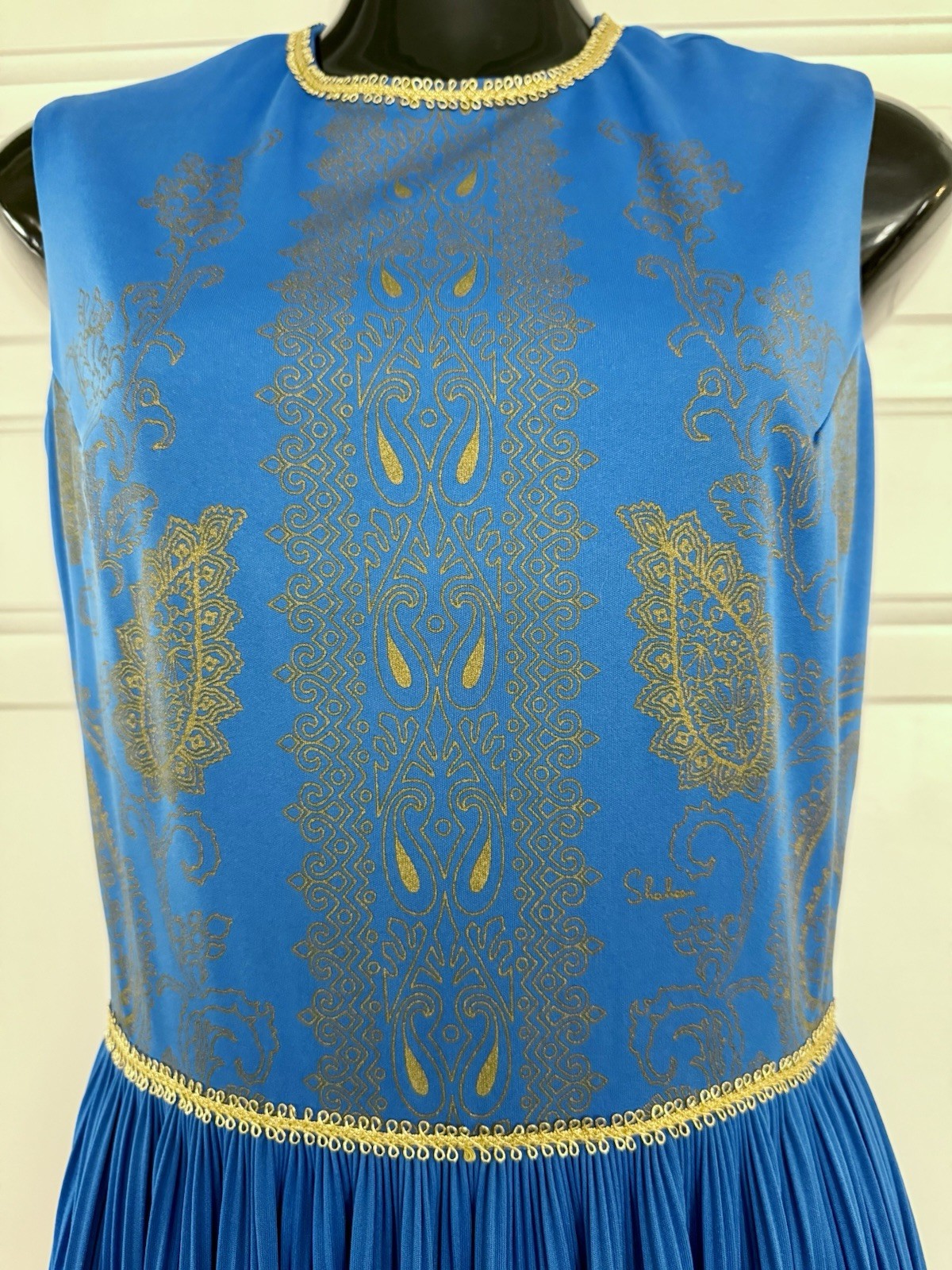 Vintage Alfred Shaheen Asian Inspired Hawaiian Aloha Maxi Dress Sz 8 Blue & Gold
