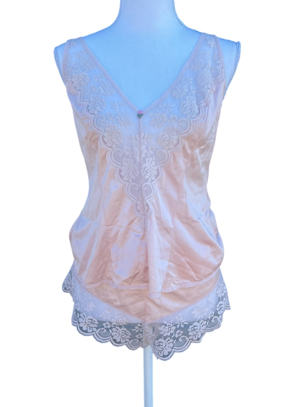 Maidenform Women’s Satin Shorts Chantilly Lace Camisole Pink Vintage Size 5/36