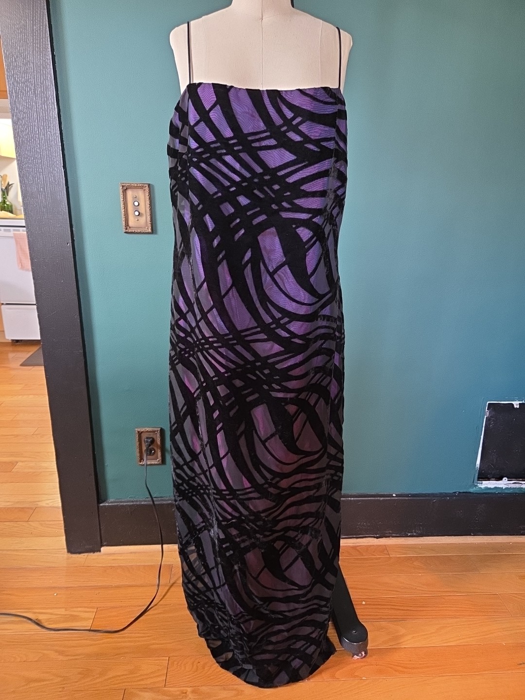VTG ARIANNA BY RACHEL Kaye 90s Black&Purple Velvet Spaghetti Strap Dress Sz 16