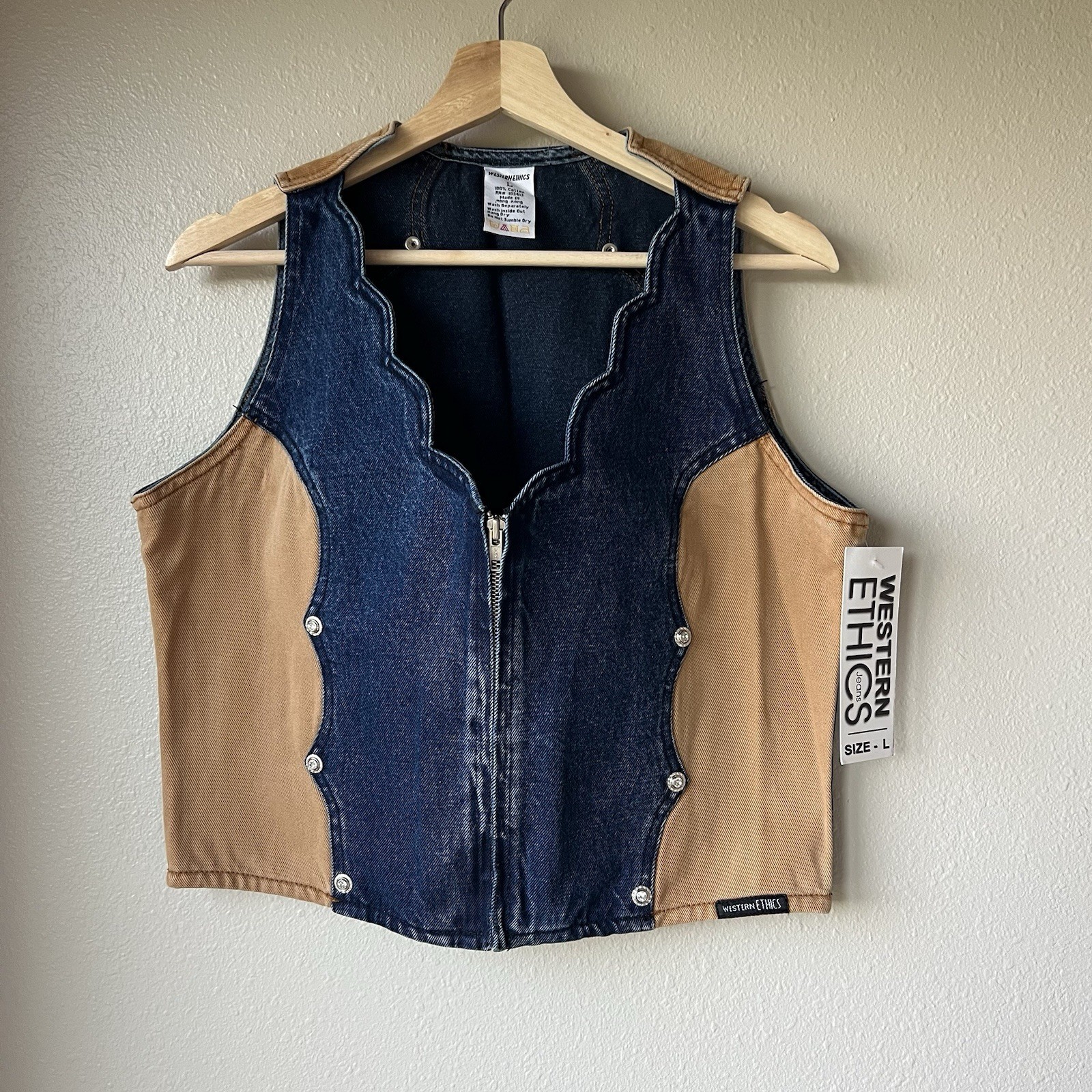 Vintage Western Ethics Bling Vest L Denim Tan 2 Tone 80s Scalloped Zip Cowgirl