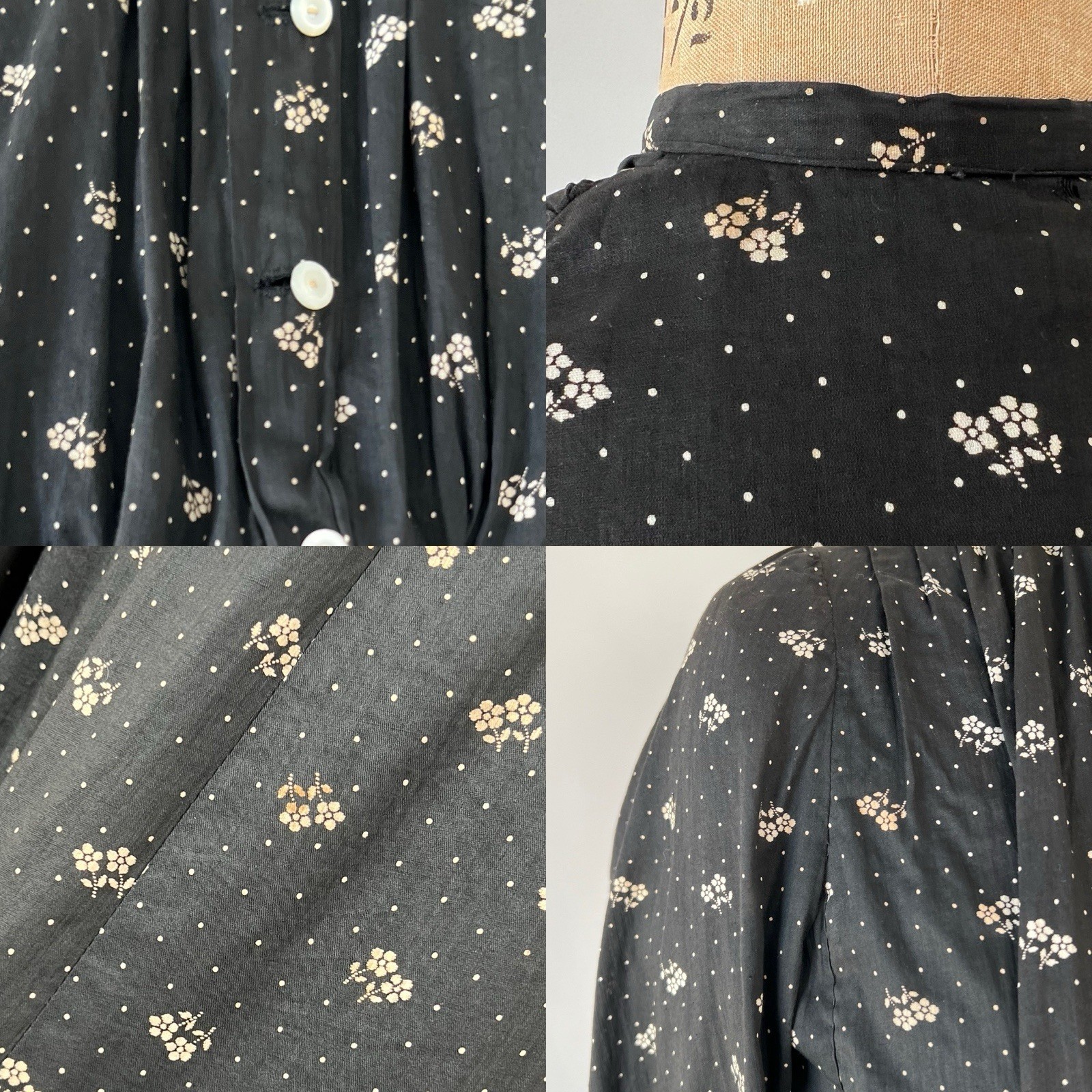 Antique Victorian 1890s 1900s Black Floral Calico Dress Set Prairie M 29 30 W