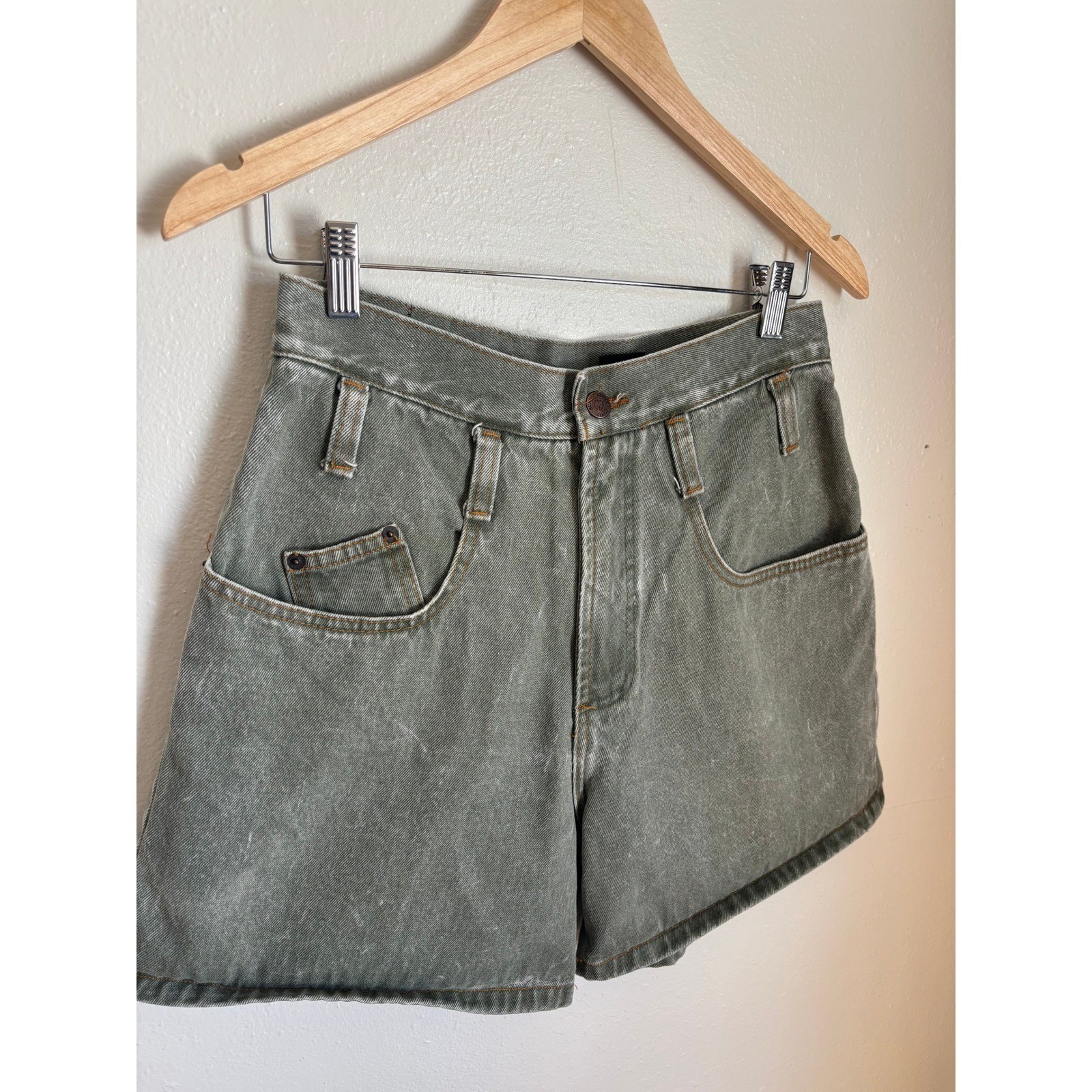 Vintage Eunina New Generation High Waisted Olive Green Denim Shorts Made in USA