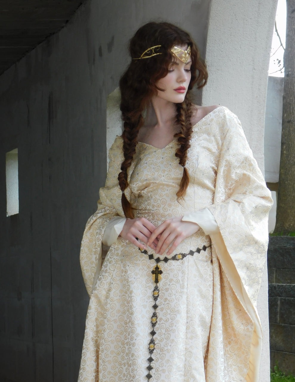 1930s Vintage Spanish Silk Gold Embroidered Medieval Brocade Gown