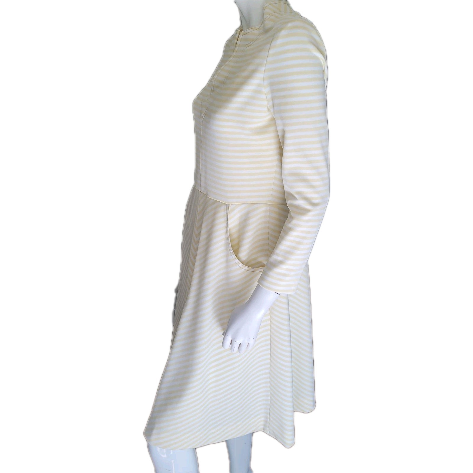 VTG Fit Flare Dress M Butter Yellow Ivory Stripe Pockets Stretch USA Retro Comfy