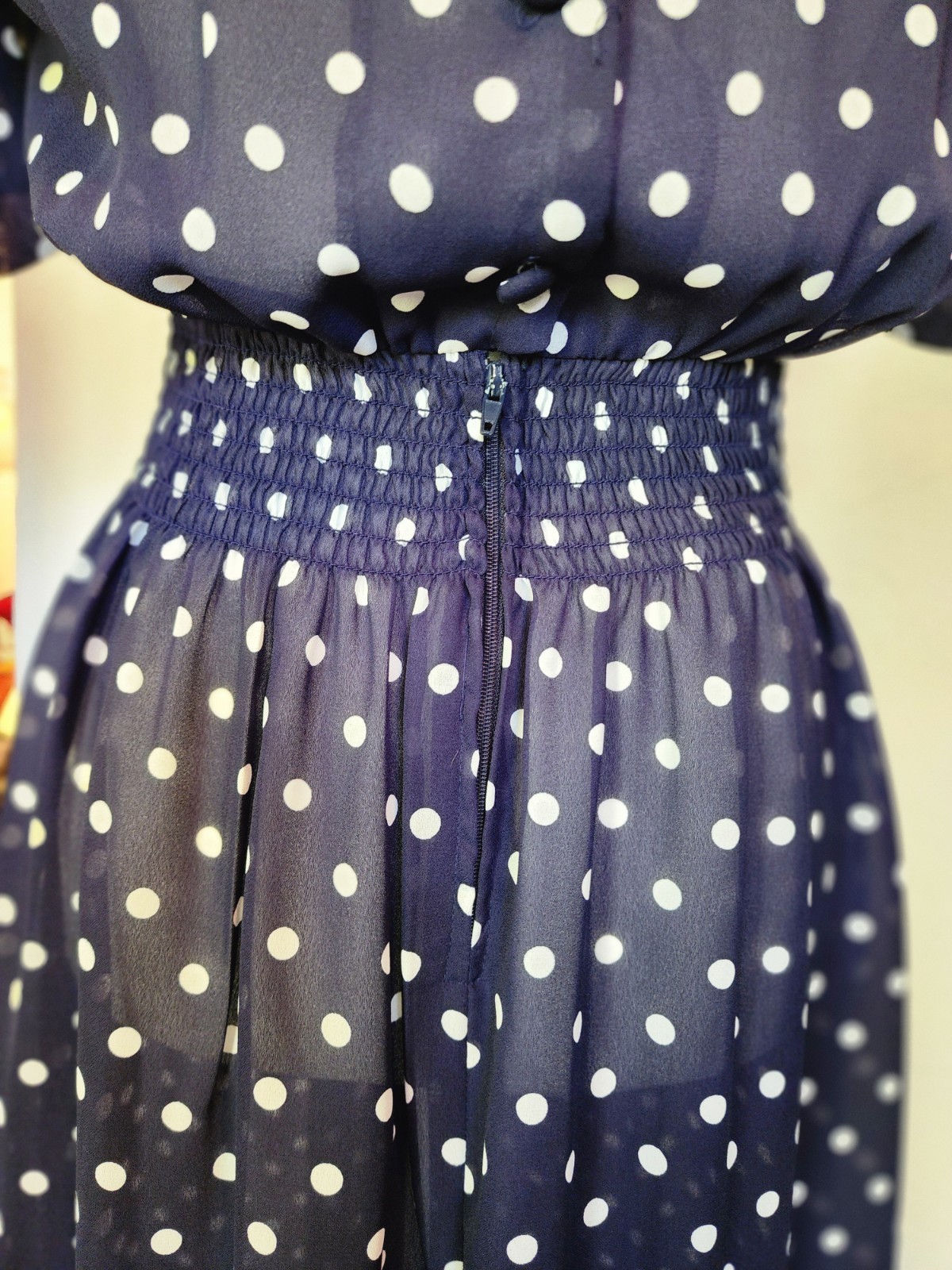 90s VTG KARIN STEVENS Cottagecore Modest Petites Polka Dot Pleated Midi Sz P8