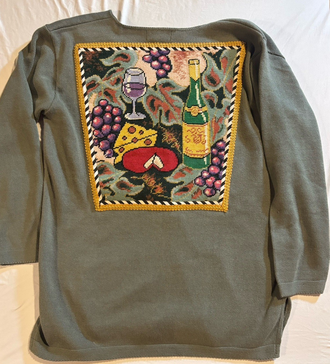 Kolor Way Hand Stitched Artistic Wine-Themed Cardigan Button Up Sweater Small