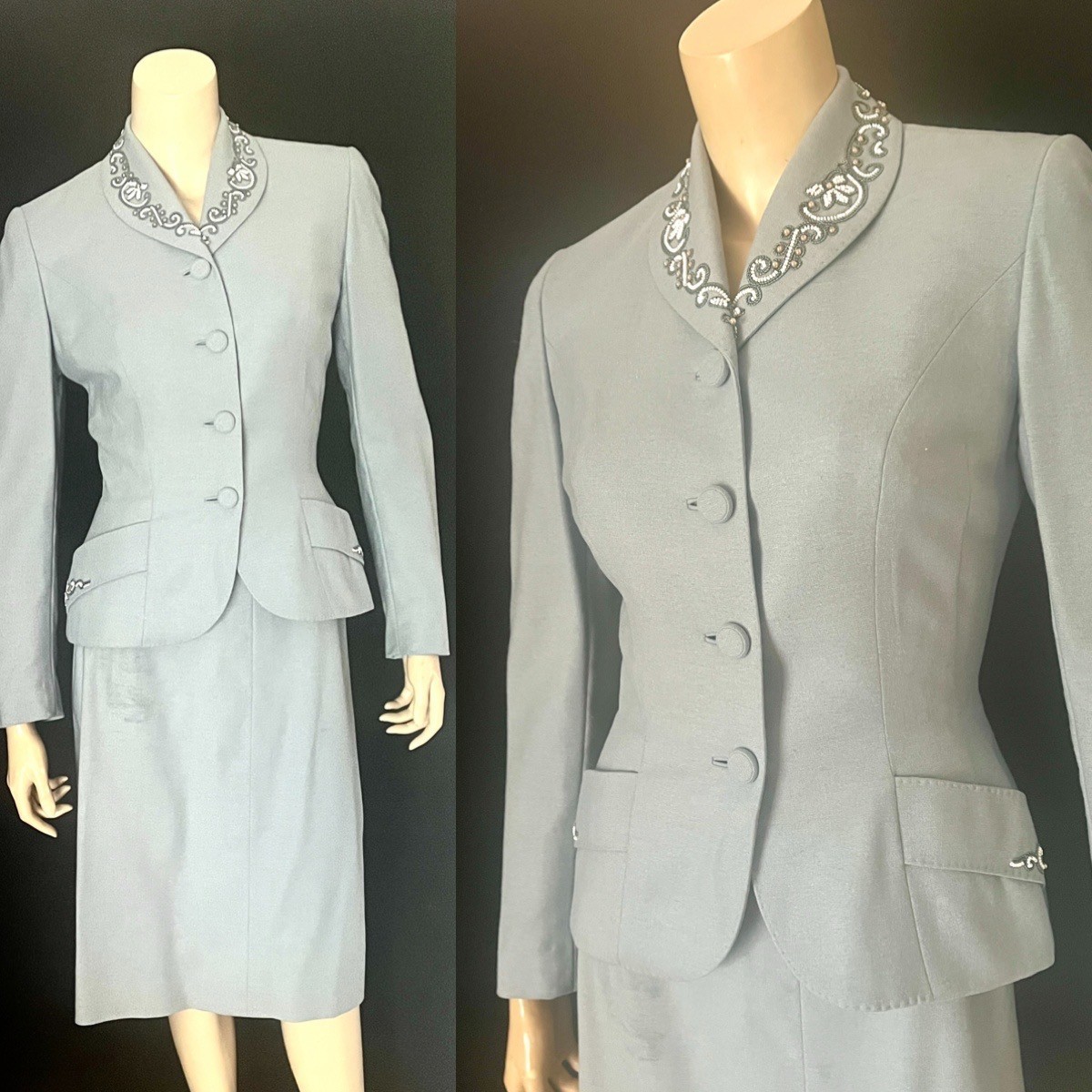 1950s Beaded Wool Occasion Suit, Dove Blue Gray, Petite, Moordale Junior Suits