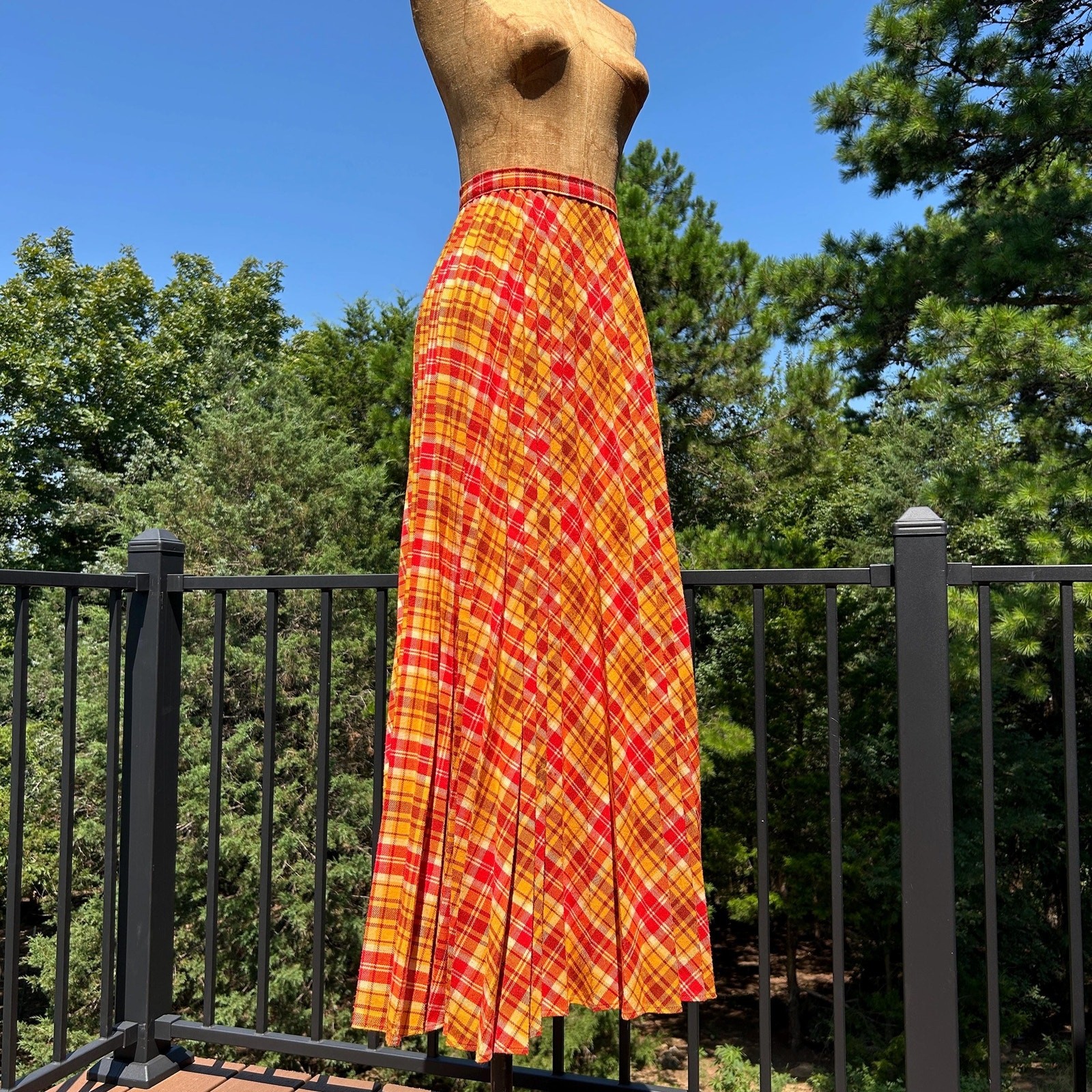 Vintage 60s Red Orange Plaid Accordion Fan Pleat High Waist Full Maxi Skirt M