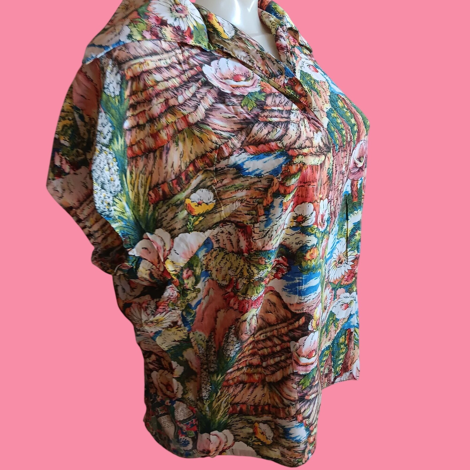 True Vintage Shirt Large 1OF1 Rayon Handmade Womens Floral Short Sleeve Side Zip