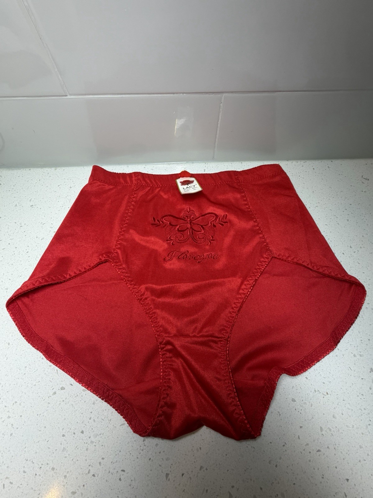Lacy 86411 VTG red satin high waist butterfly panties I Love You Girdle Sz XL