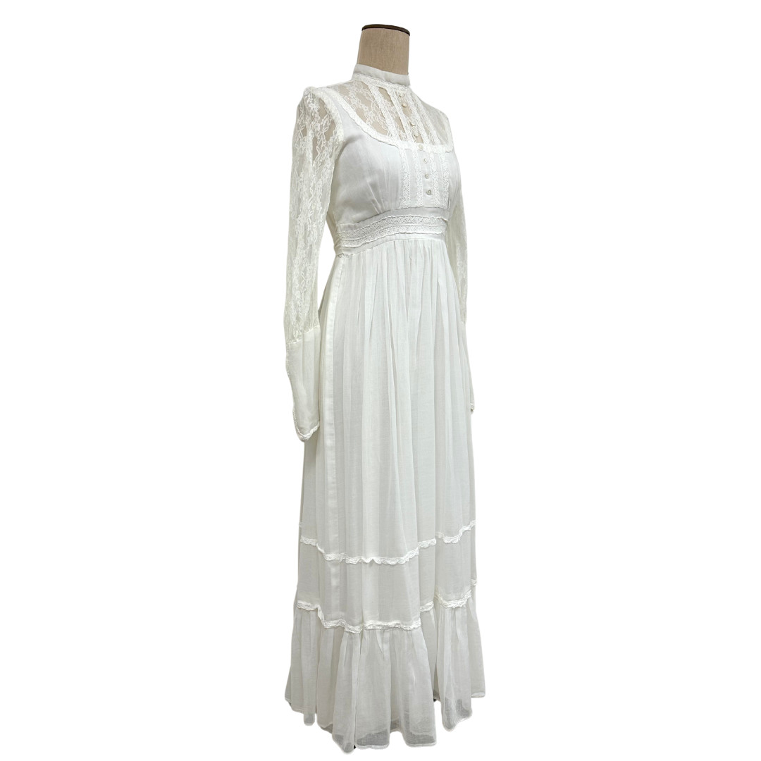 Vintage 1970s Gunne Sax Jessica McClintock White Lace Sleeve Victorian Dress