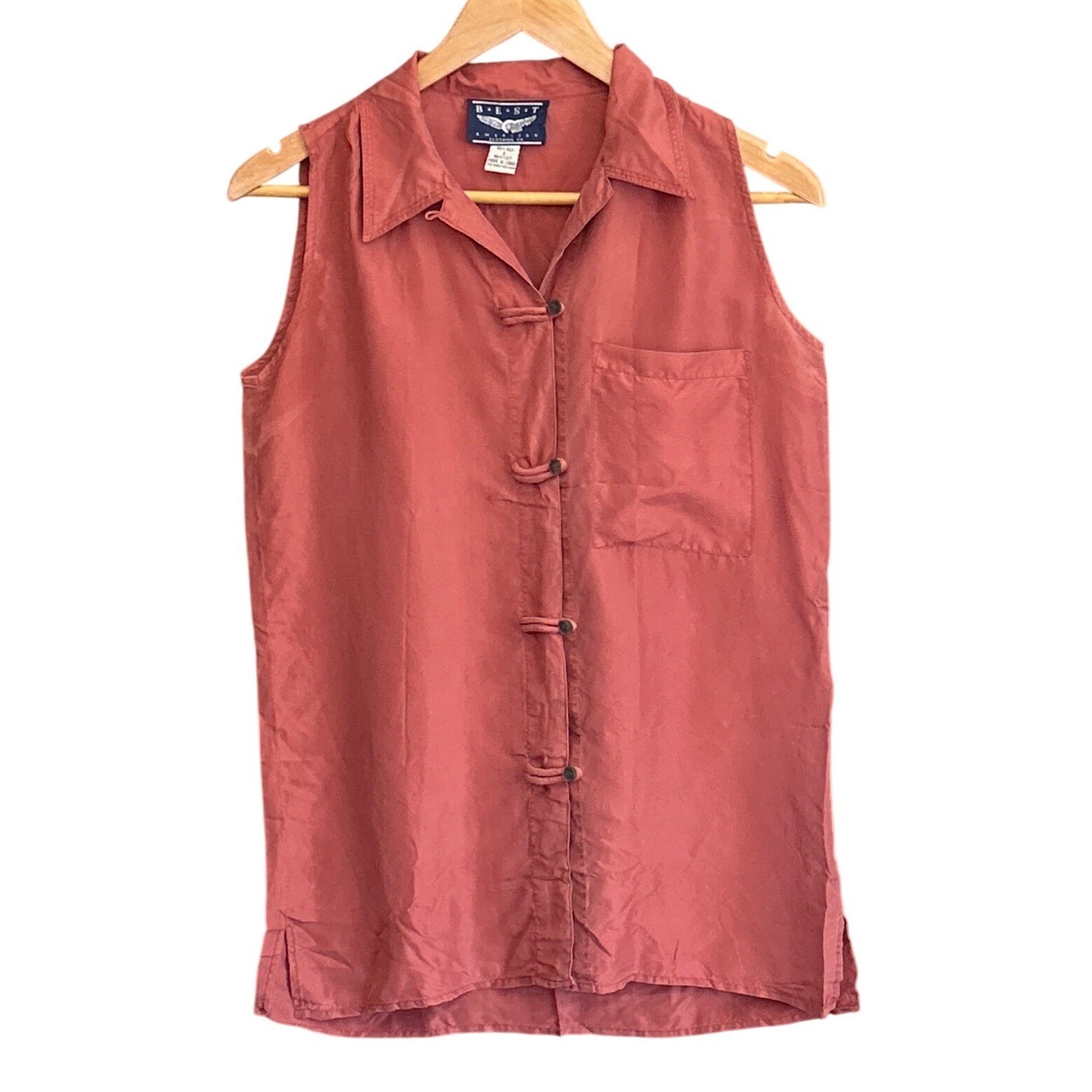 90s BEST American Silk Sleeveless Top Boho Minimalist Terracotta Frog Toggle S
