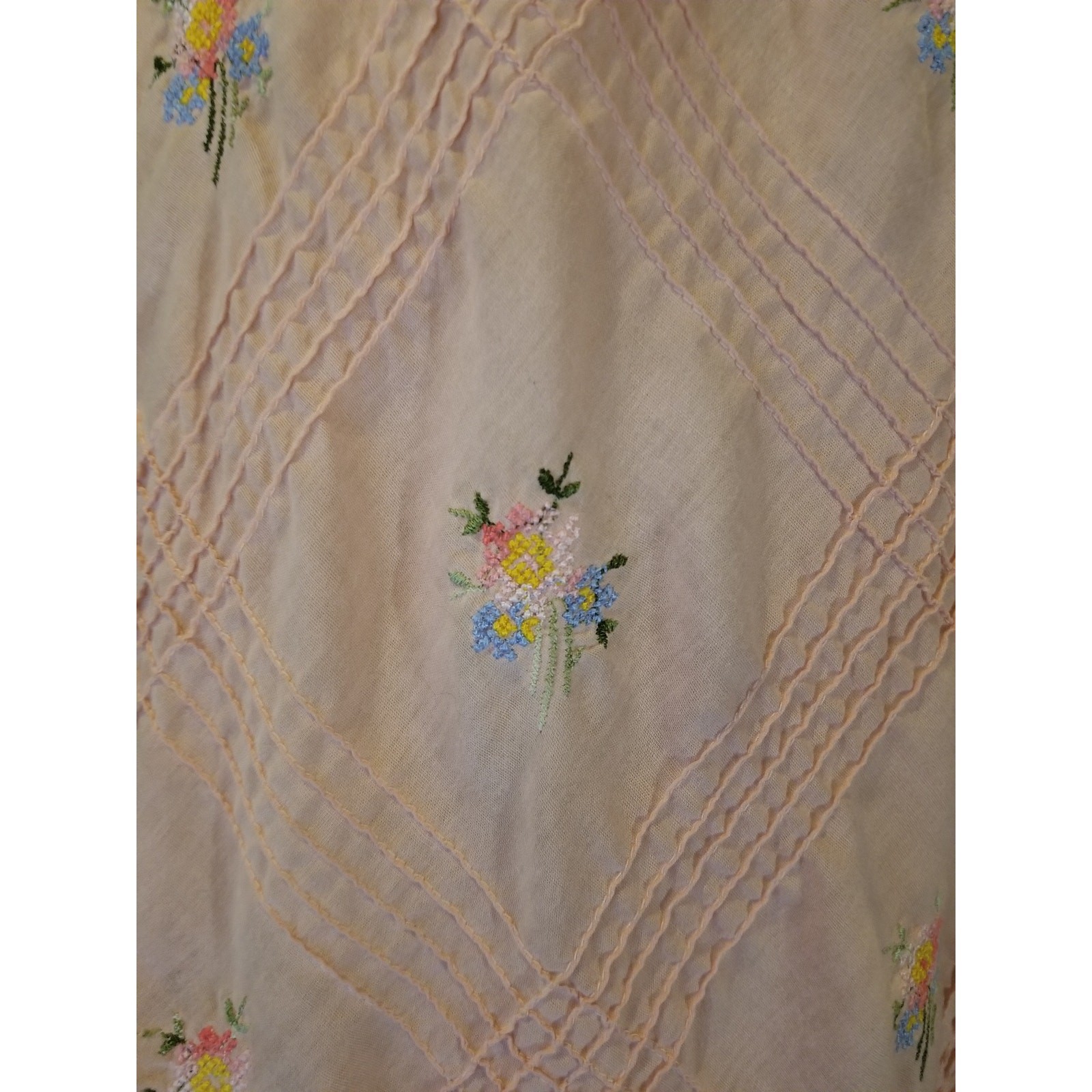 Vintage 70s Pink Drop Waist Dress | Pastel Floral Cross Stitch & Pintucks (S)