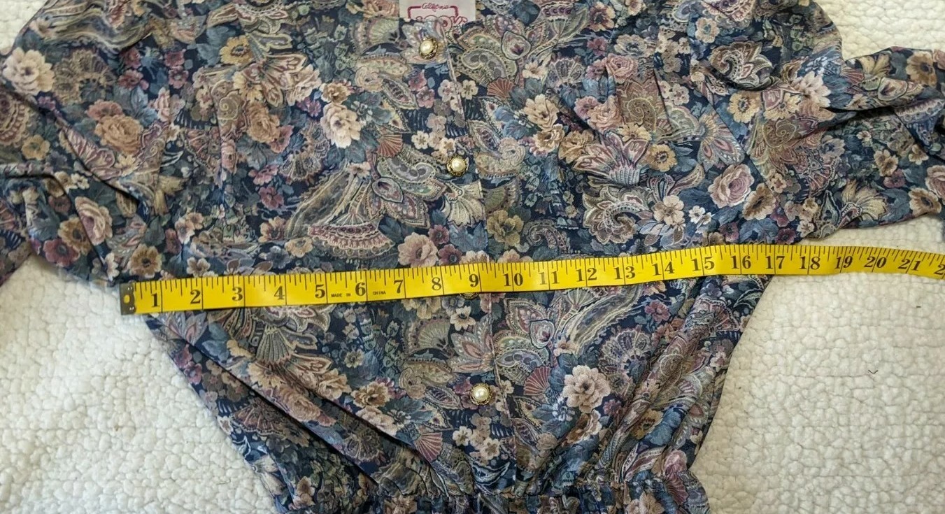 CALIFORNIA LOOKS Vintage Floral MAUVE Navy Puff Sleeve Dress MODEST 6 Petite