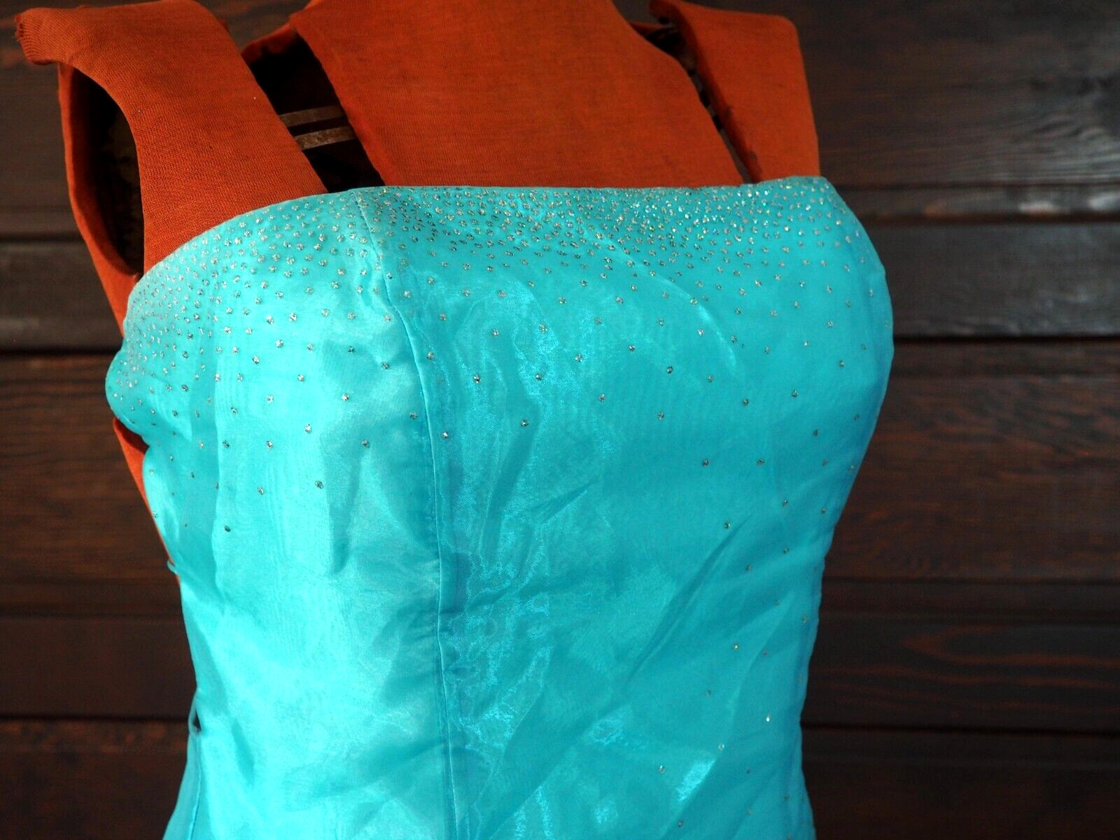 VTG 90s Kiki Turquoise Chiffon Taffeta Sleeveless Glitter Lace Up Gown Dress L