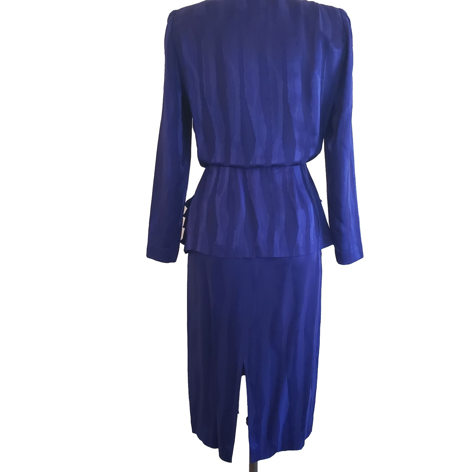 Vintage Vicky Tiel Blouse Skirt Set XS Violet Silk V Neck Peplum Knee Length