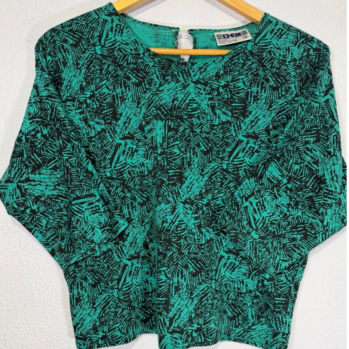 Vintage DEB Shirt 1990s Abstract Womens Teal Black Boxy Fit M Artsy Grunge Y2K
