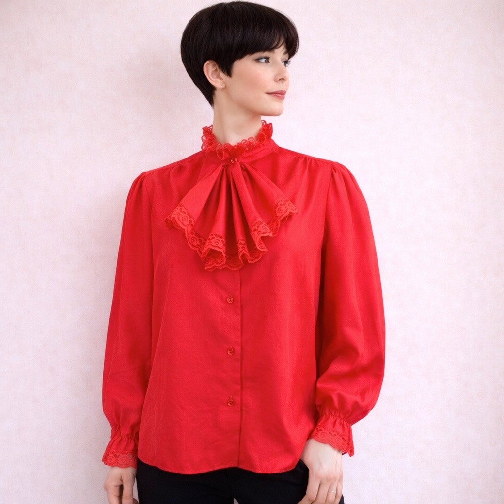 70’s Vintage Red Frilly Lace Trim Victorian Bow Ruffle Neck Wrist Blouse Top L