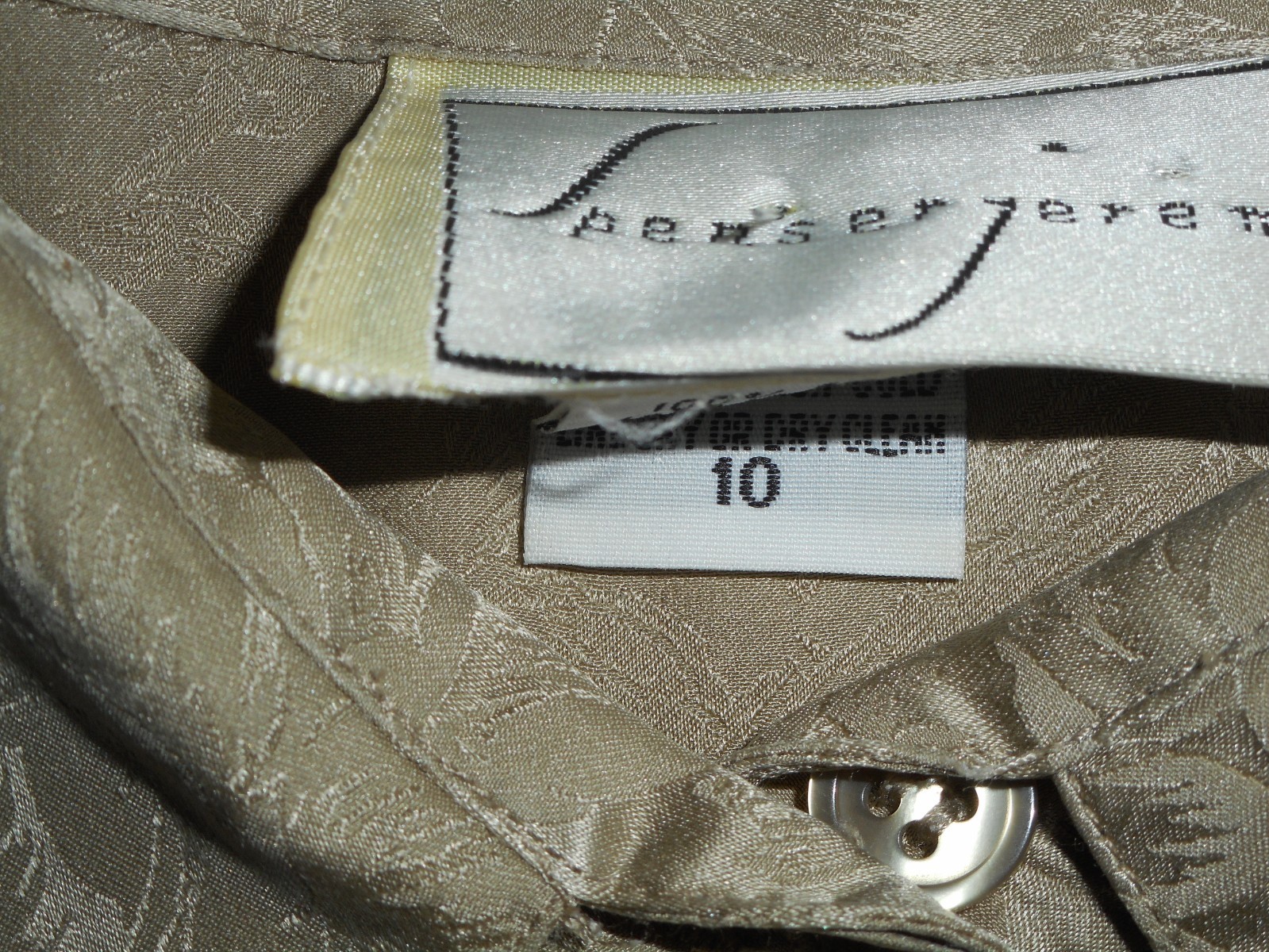 USA 10 Silk Blouse Khaki Sage Green Roses Buttons L/S NOS Point Collar