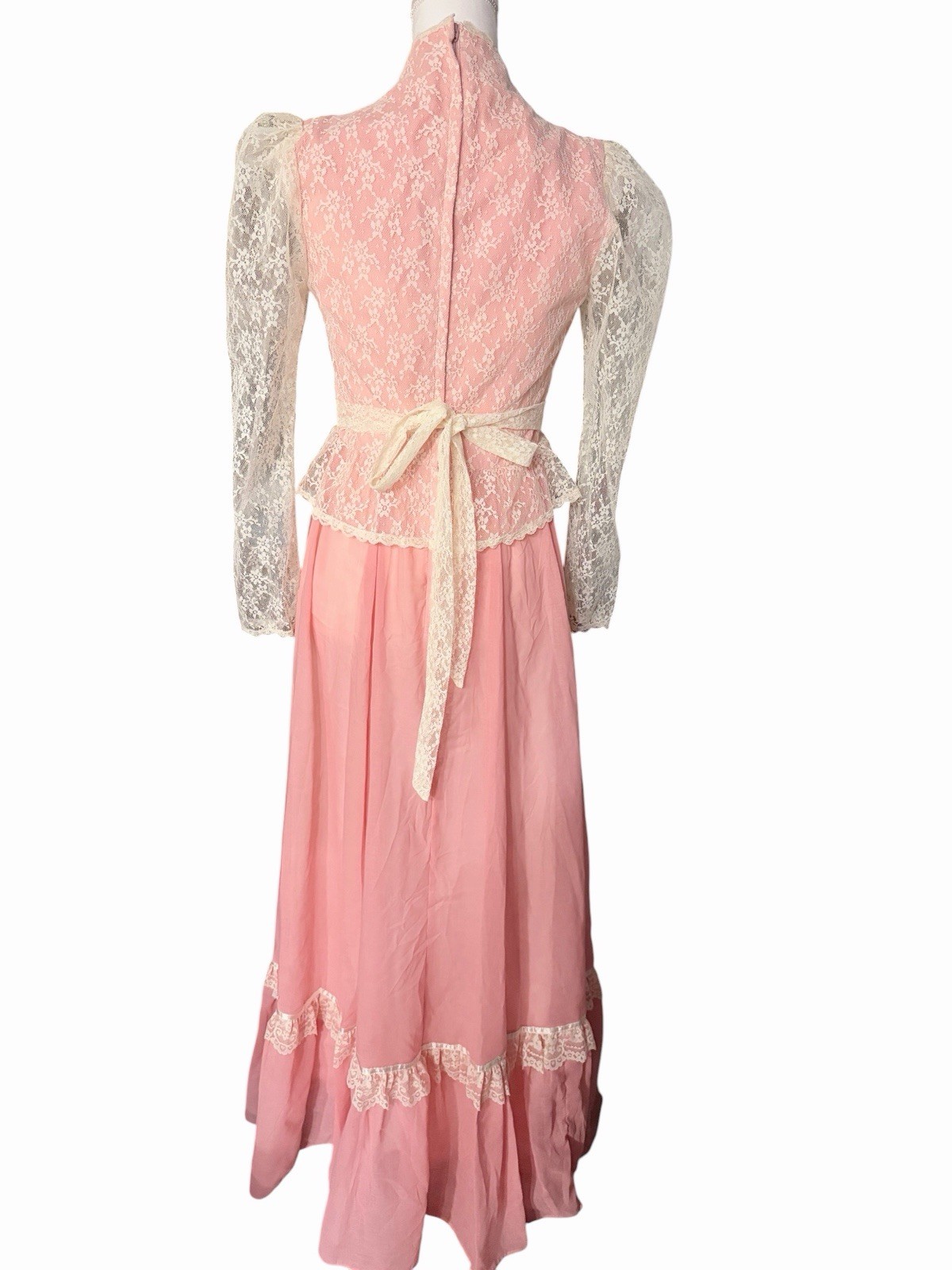 VTG 70s Gunne Sax Pink Lace Prairie Maxi Dress Romantic Cottagecore Size 9