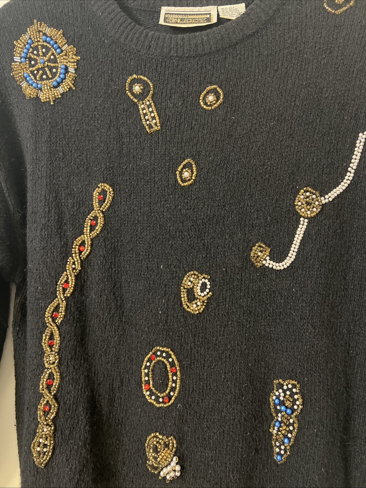 Vintage 90s Black Silk Blend Sweater Multi-Color Beaded Anytime Glitz Small