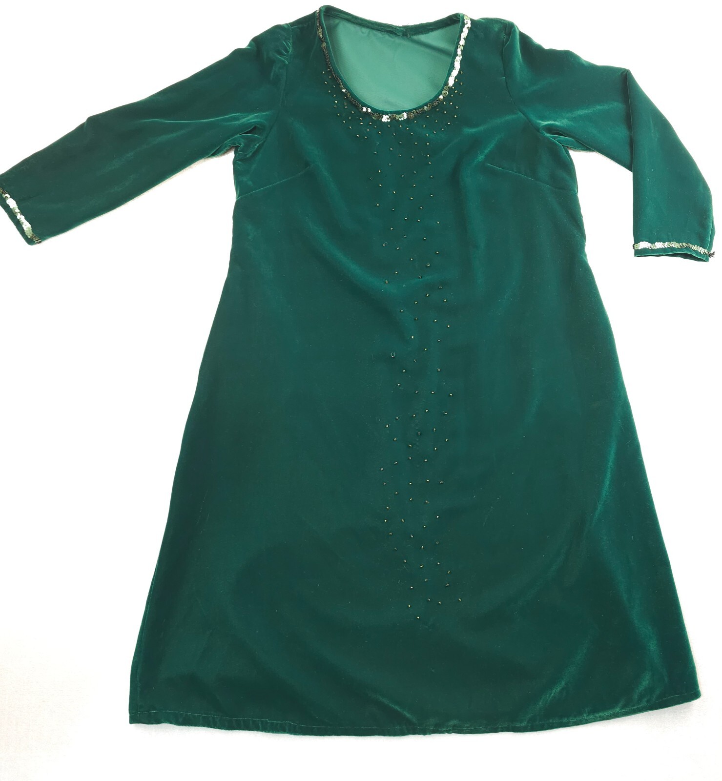 Vintage Emerald Green Velvet Dress XL Goth GenX Medieval Sequin Trim Ren Faire