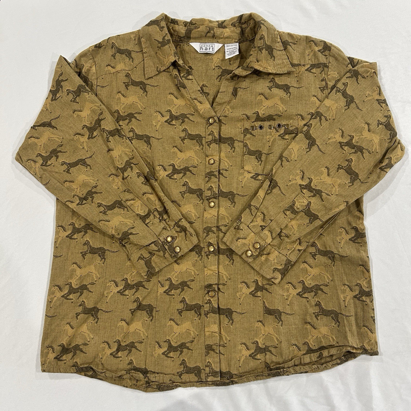 Vintage Keren Hart XXL Top Horse Pearl Snap Long Sleeve Ranch Western Shirt