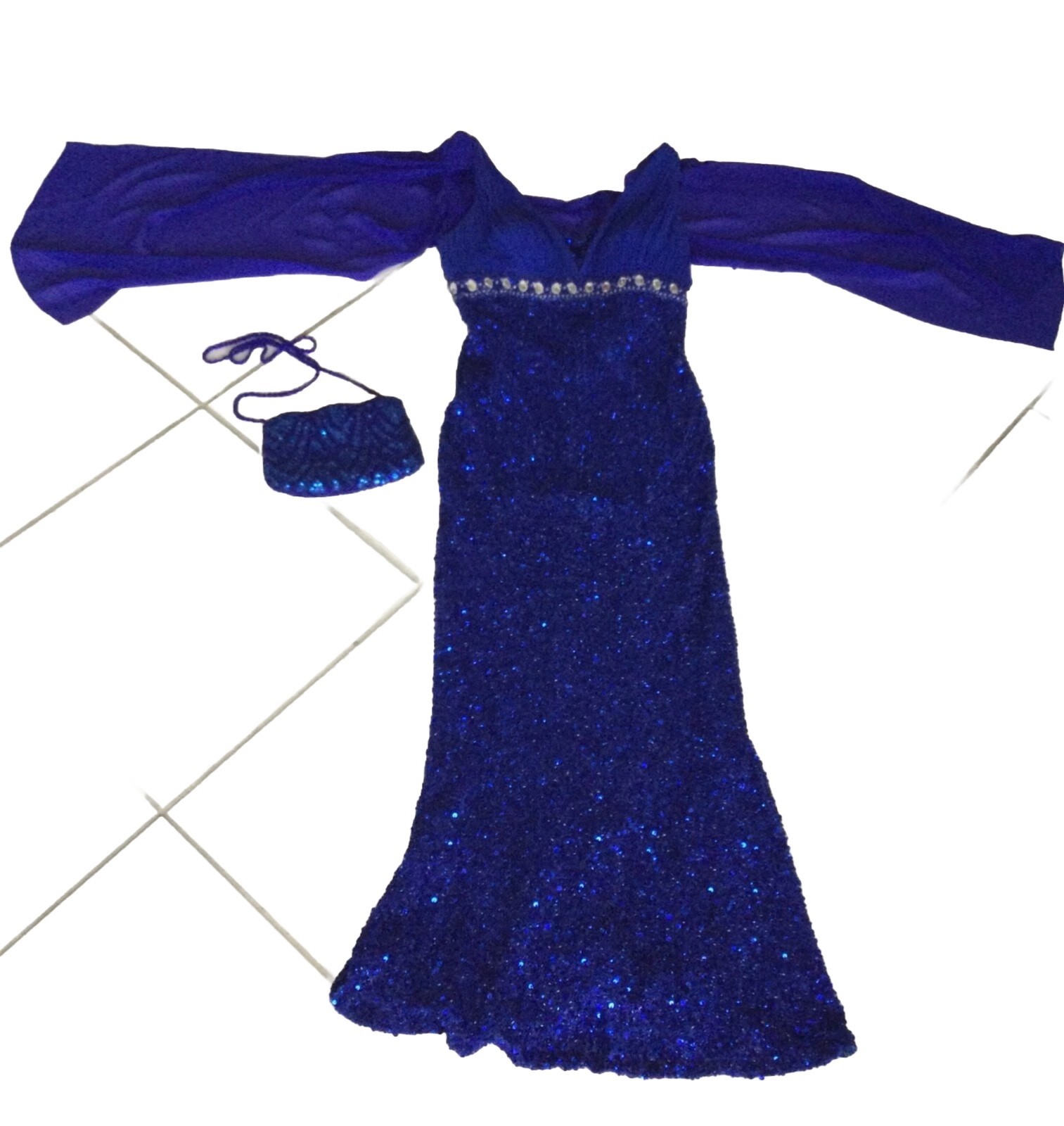 Vintage Sherri Hill Sequined Royal Blue Dress size 8P 100% silk / Match Clutch