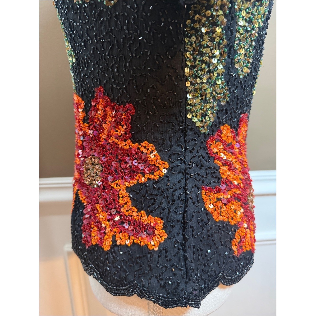 Vintage Silk Beaded Floral Top Black Sequin Scalloped Fitted M
