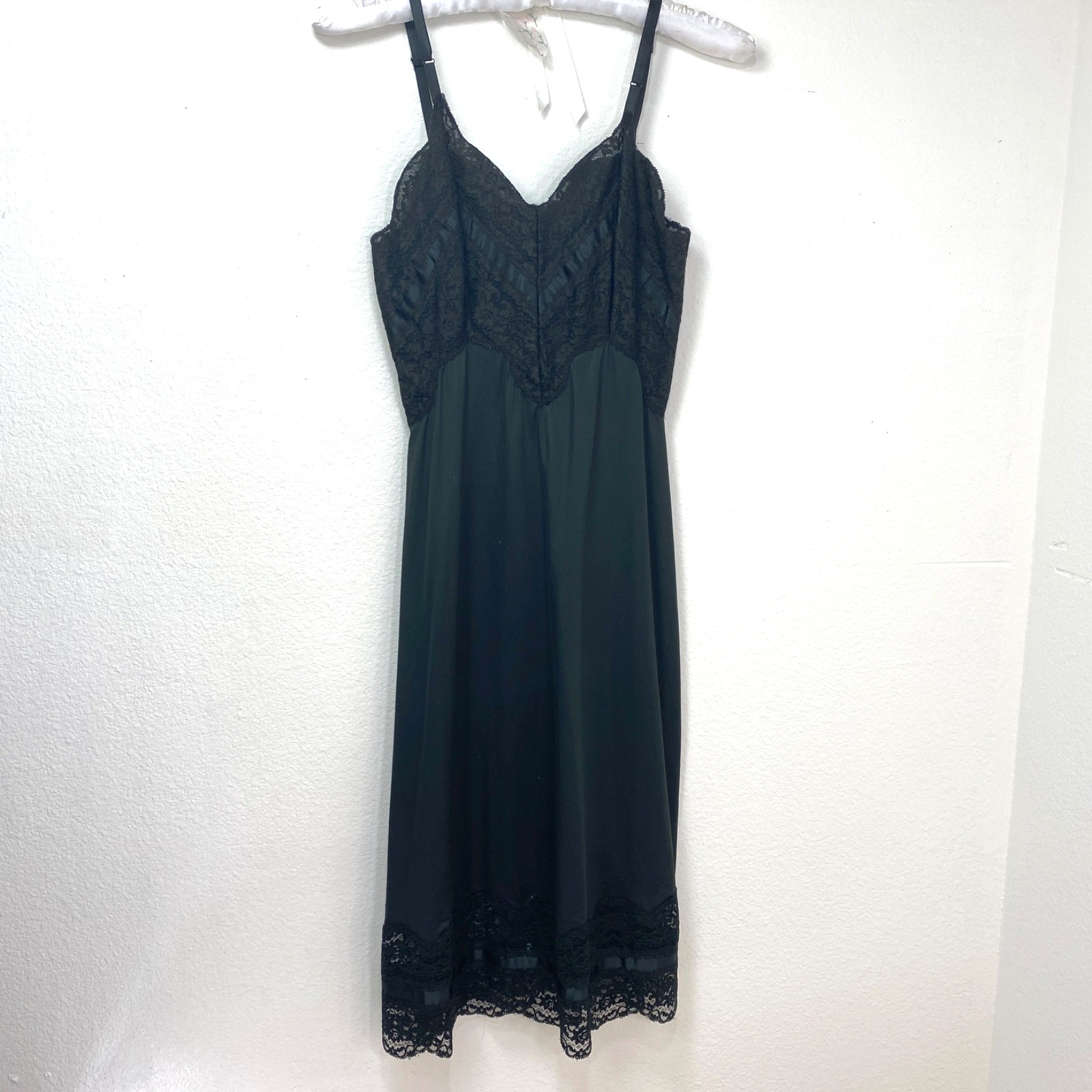 Vintage Charmode Black Full Nylon Tricot Baby Doll Slip Size 32 Lace Below Knee