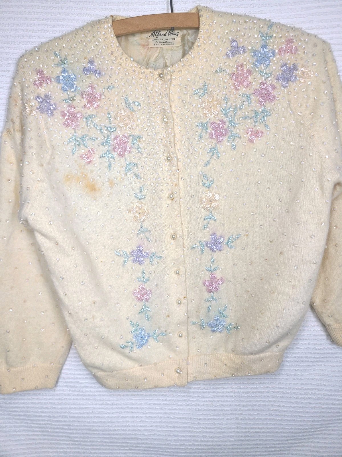 1950s Beaded Cashmere Cardigan Silk Lined Cut Glass Alfred Wong Small Vintage