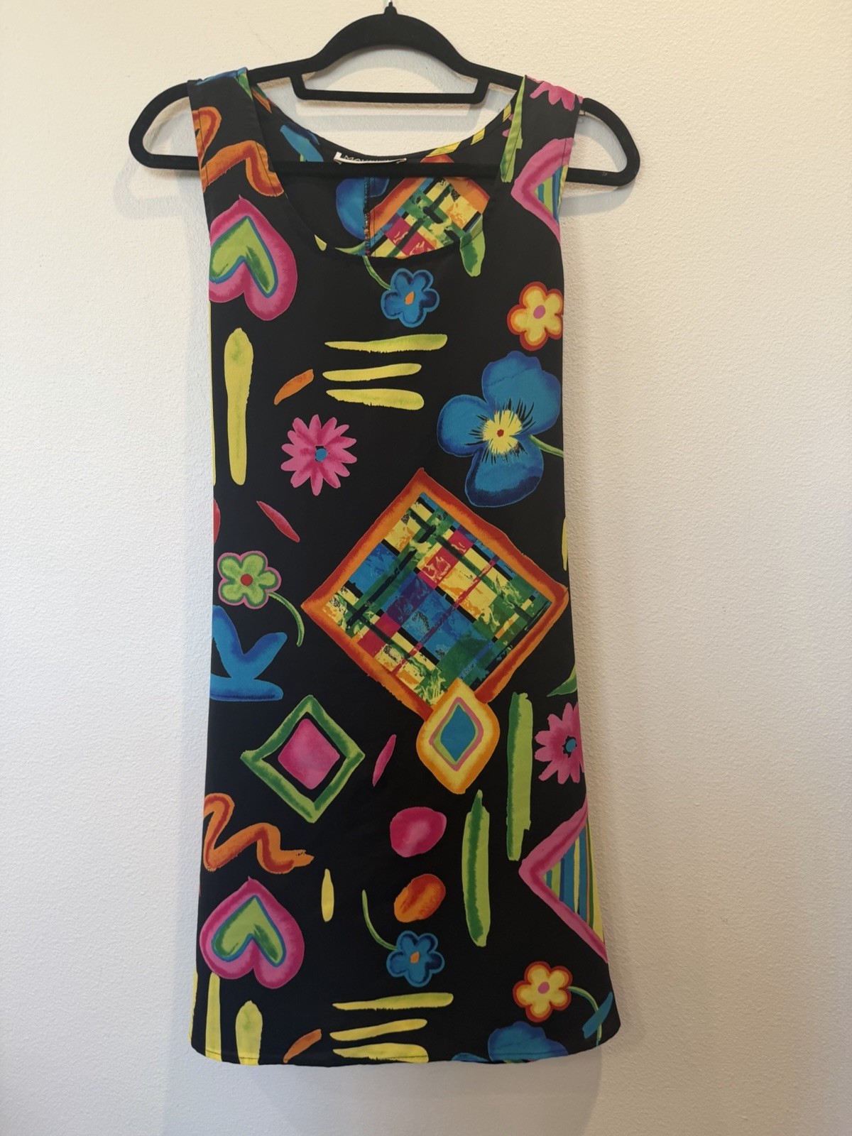 Vintage 1990s / 90s black floral geometric sleeveless shift dress
