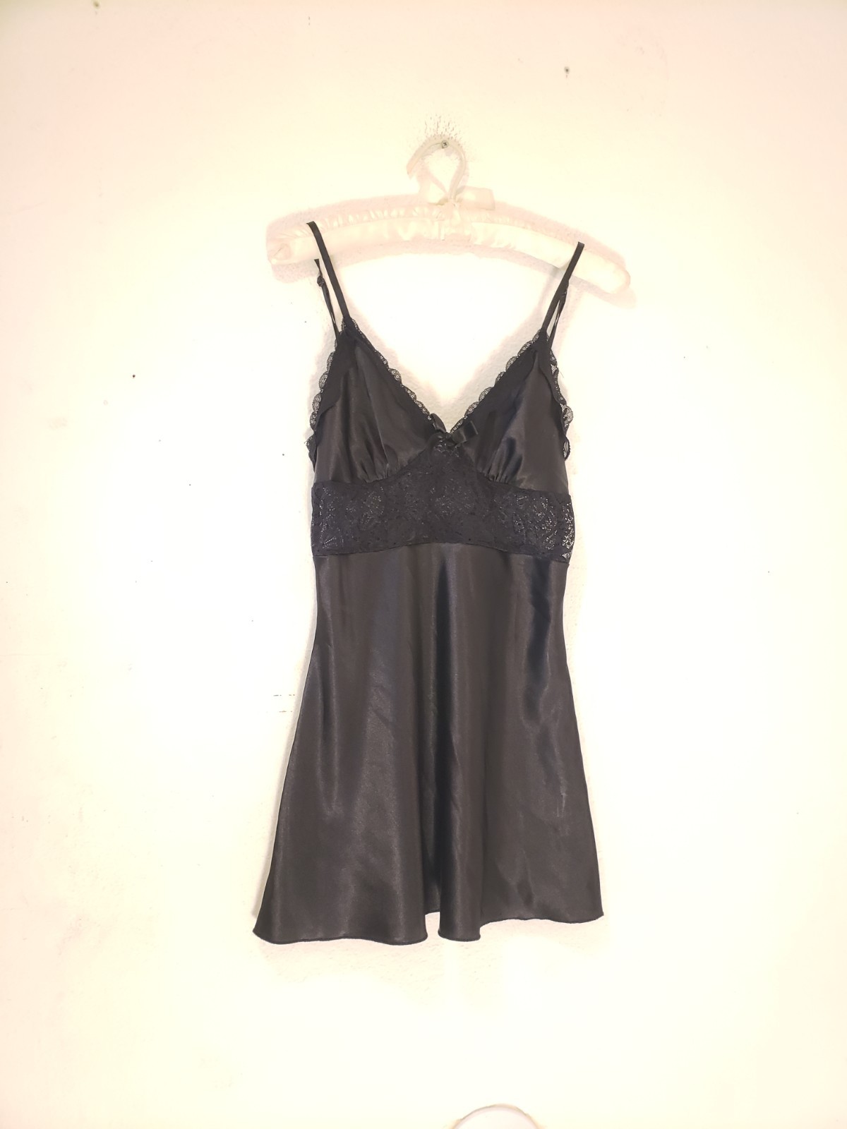 Vtg Y2k Black Satin Lace Mini Slip Dress Babydoll Sz S