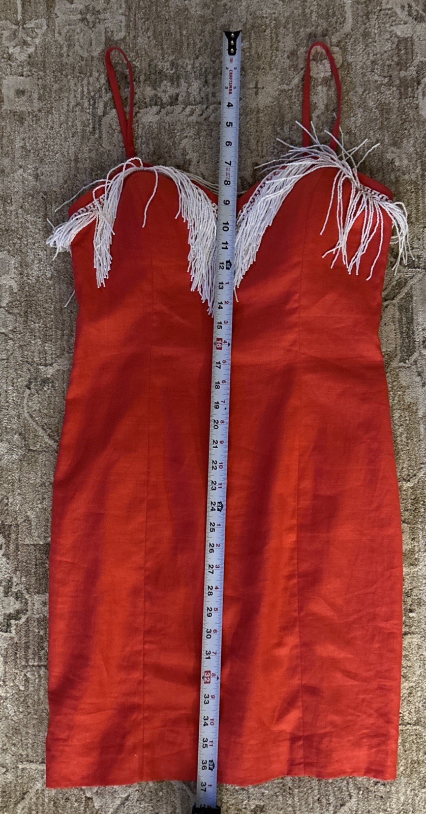 Vintage Pia Rucci Dress Red Linen Short White Beads Fringe Party 10 Medium 6/8