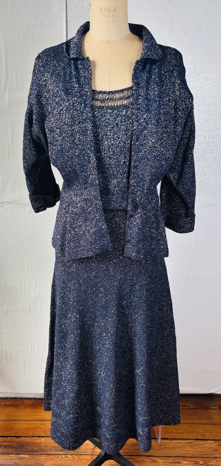 VTG 50’S HAND KNIT FULL CIRCLE SKIRT CROCHET DRESS BLUE&METALLIC GOLD DRESS*S/M