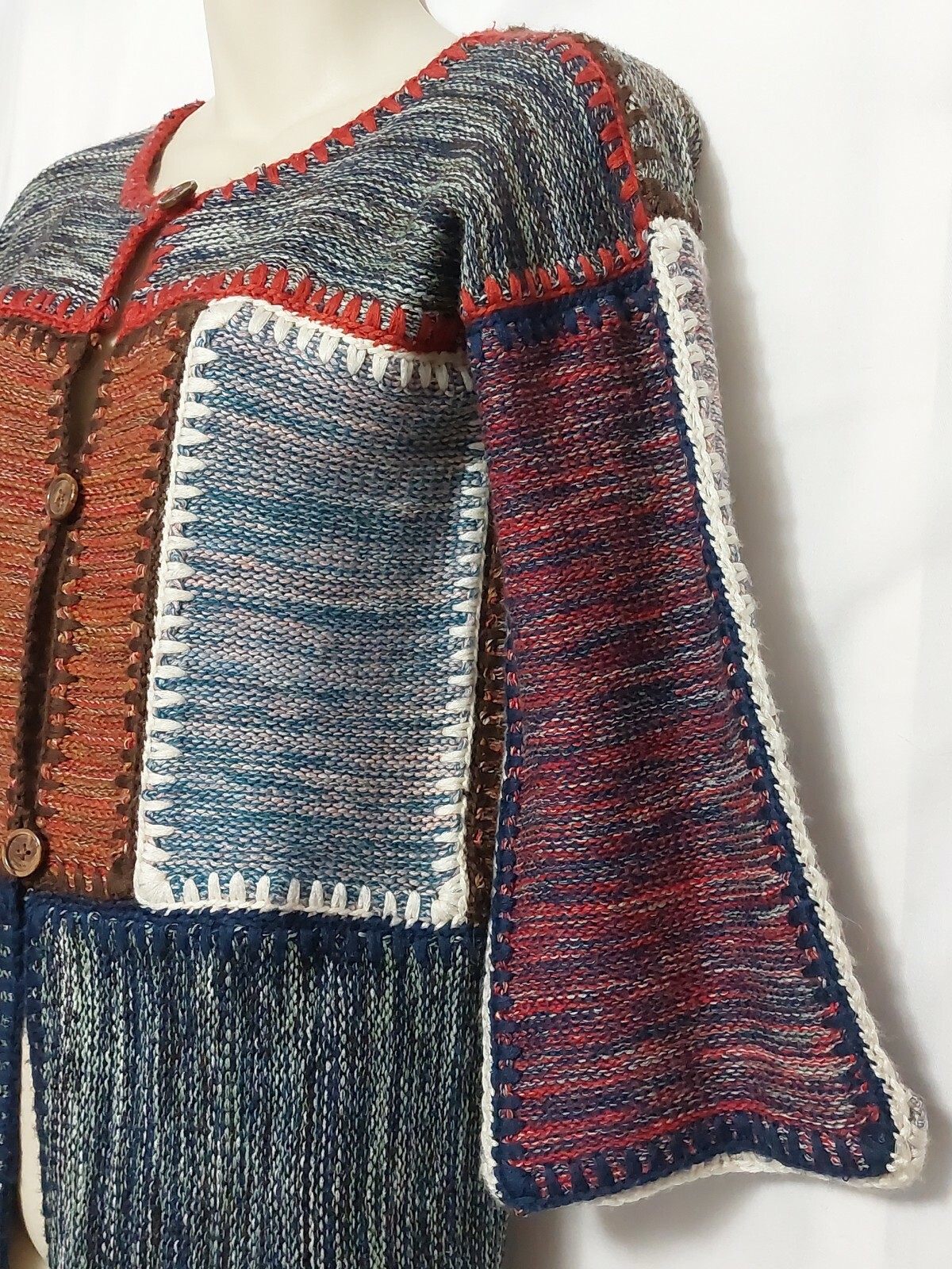 Vintage Wenjilli Patchwork Long Cardigan Sweater Size 11/12 -S/M Wool Blend