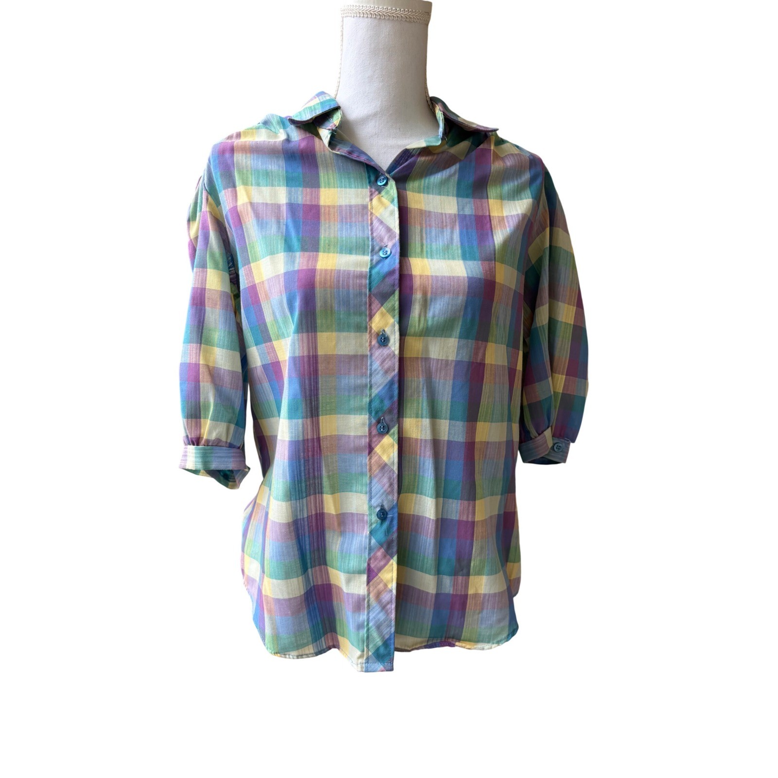 Cheryl Tiegs Rainbow Plaid Puff Sleeve Button Down Shirt Womens M Vintage 80s