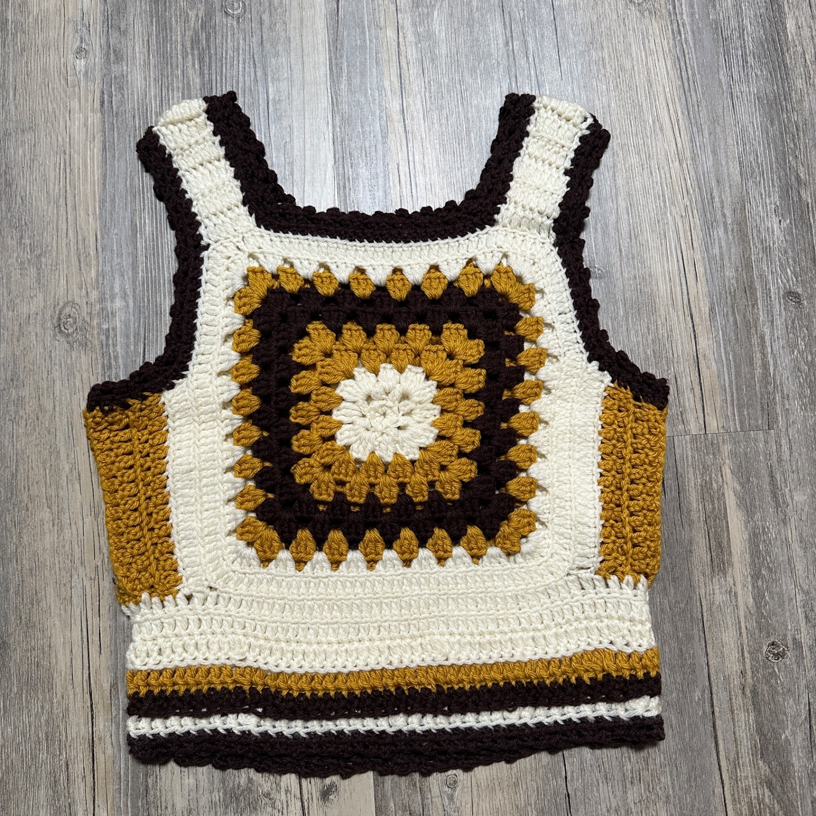 Vtg 1970s Handmade Crochet Vest Tank Cropped Yellow Brown Cream Granny Square