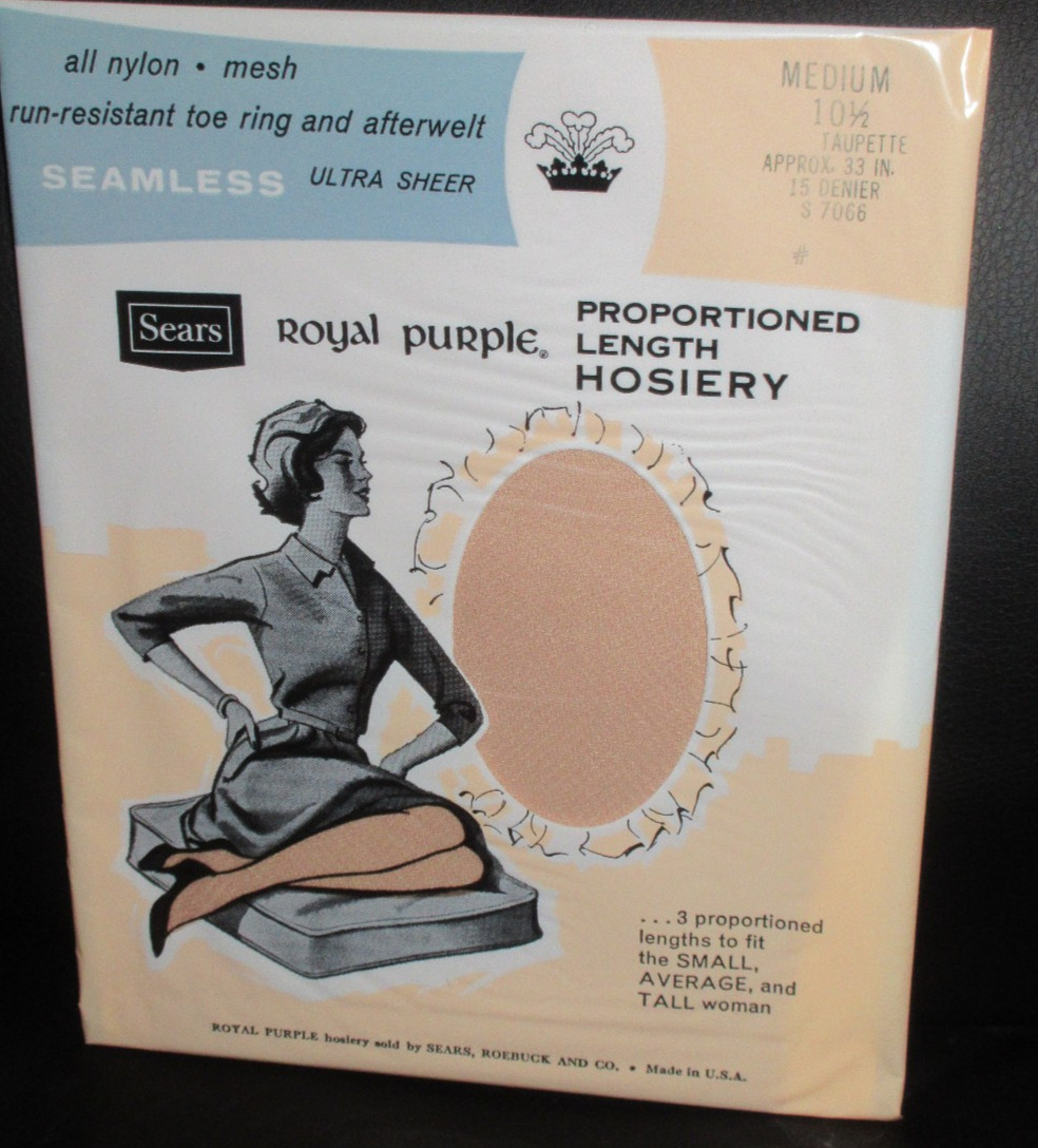 Vintage Royal Purple Nylon Stockings Sears 10.5 Medium Taupette Beige Not worn