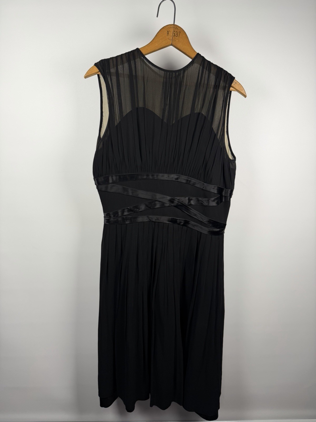 Vintage 1950s Mid Century Retro Black Chiffon Pleated Fit Flare Sleeveless Dress