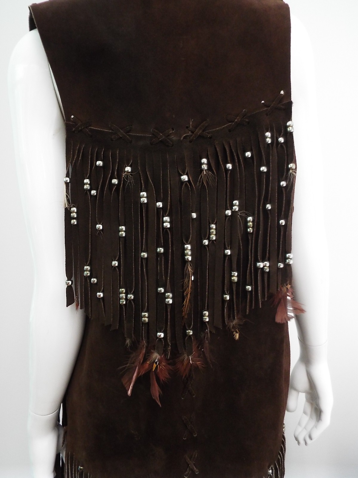VTG 1970s Long Brown Suede Fringe Tunic Vest HIPPIE Feathers Beads Festival Boho