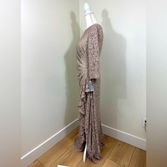 Alex Evenings Sequin Lace Gown 3/4 Sleeves Cascade Detail Front Slit Size 8 NEW