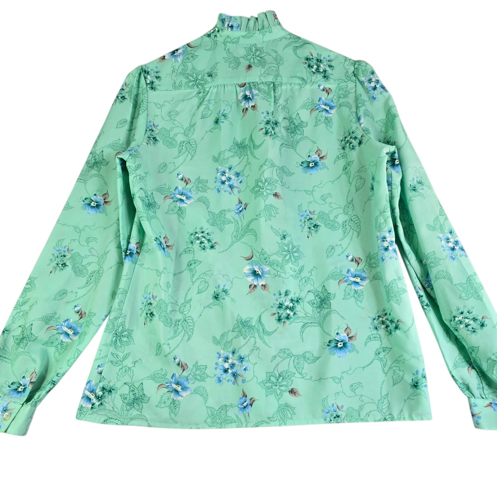 Vintage Floral Ruffle Blouse Womens 8 Mint Green Victorian Style Pastel Grandma