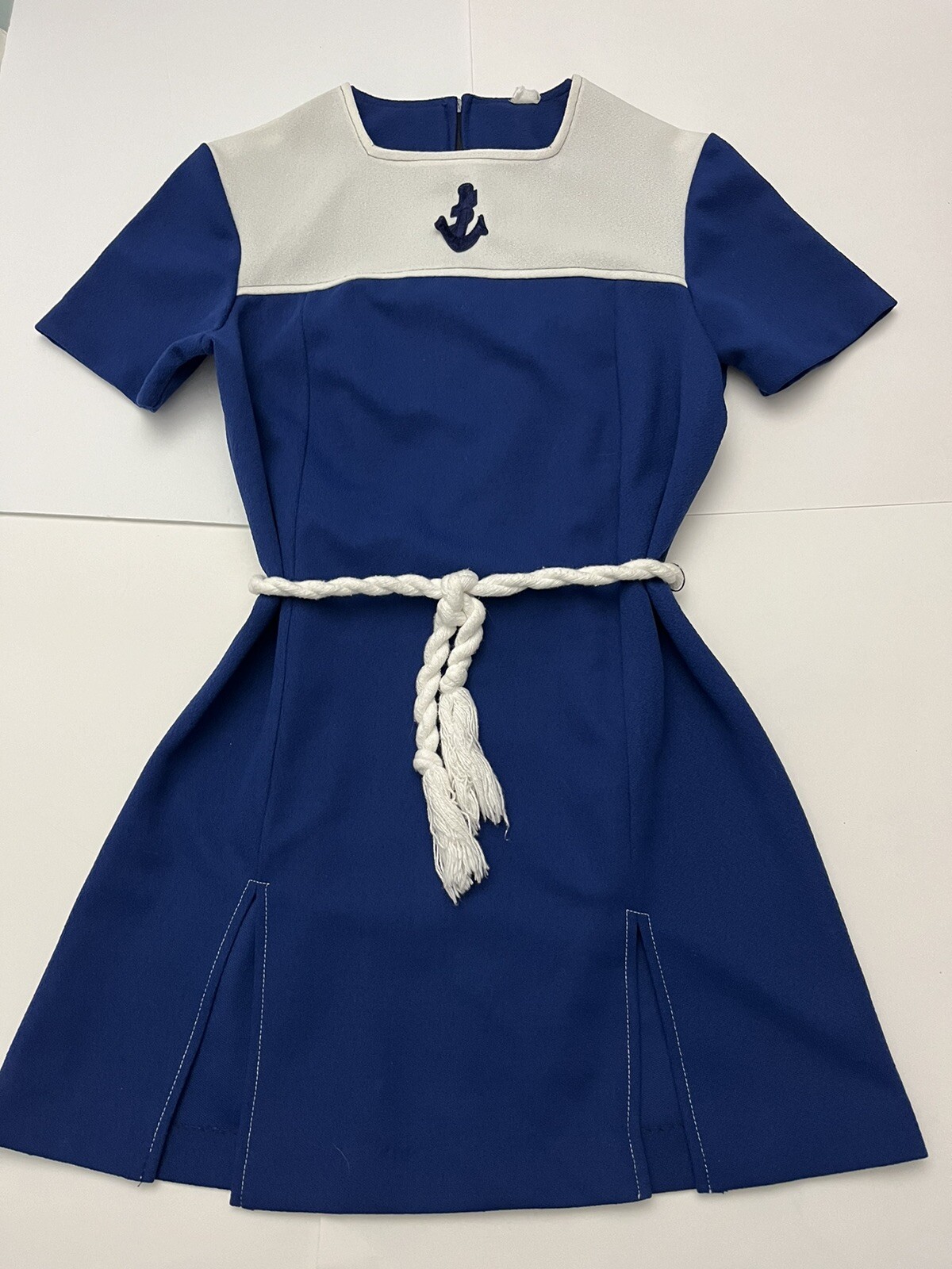 1970s Retro MINI DRESS-Navy Look-Anchor Motif-Side Slits-Braided Rope Belt-Sz 8?