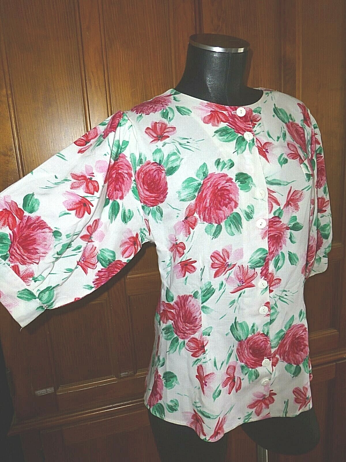 VTG 80s Watercolors Floral Print Boho Puff Sleeve Button down BLOUSE TOP sz M