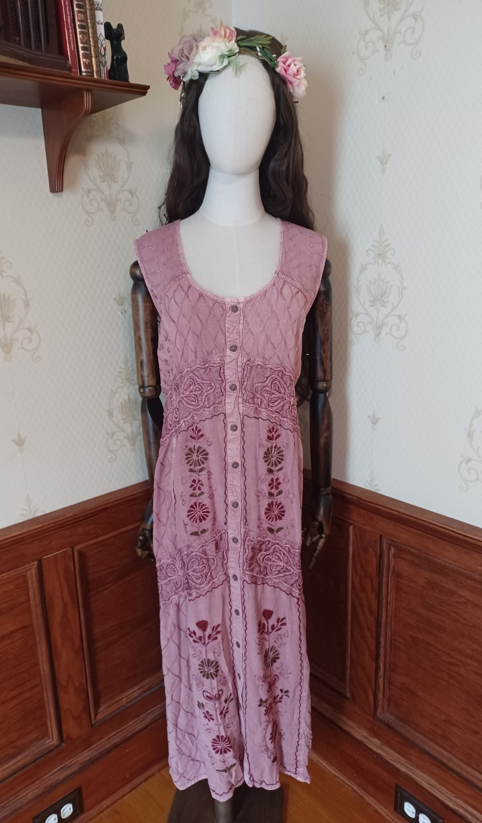 Vintage Pyramid Collection Rose Fairycore Boho Festival Embroidered Dress, 2X