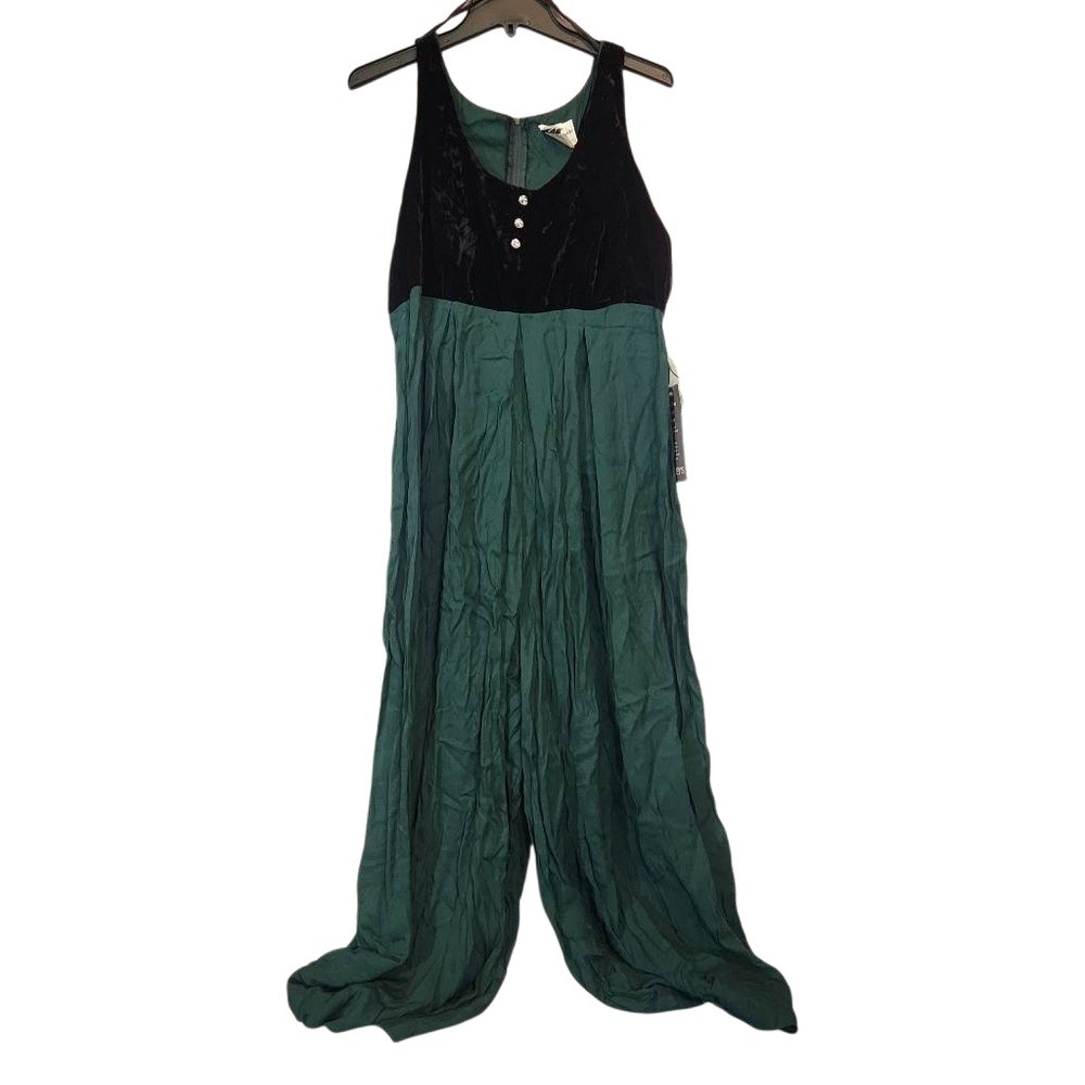 Vintage 90s Jeffery & Dara by Linda Hutley Black Velvet & Green Jumpsuit Size 11