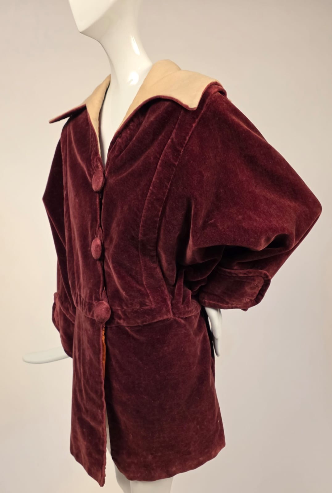 OVERSIZED EDWARDIAN VELVET JACKET W BIG BUTTON FRONT + BLONDE WOOL COLLAR