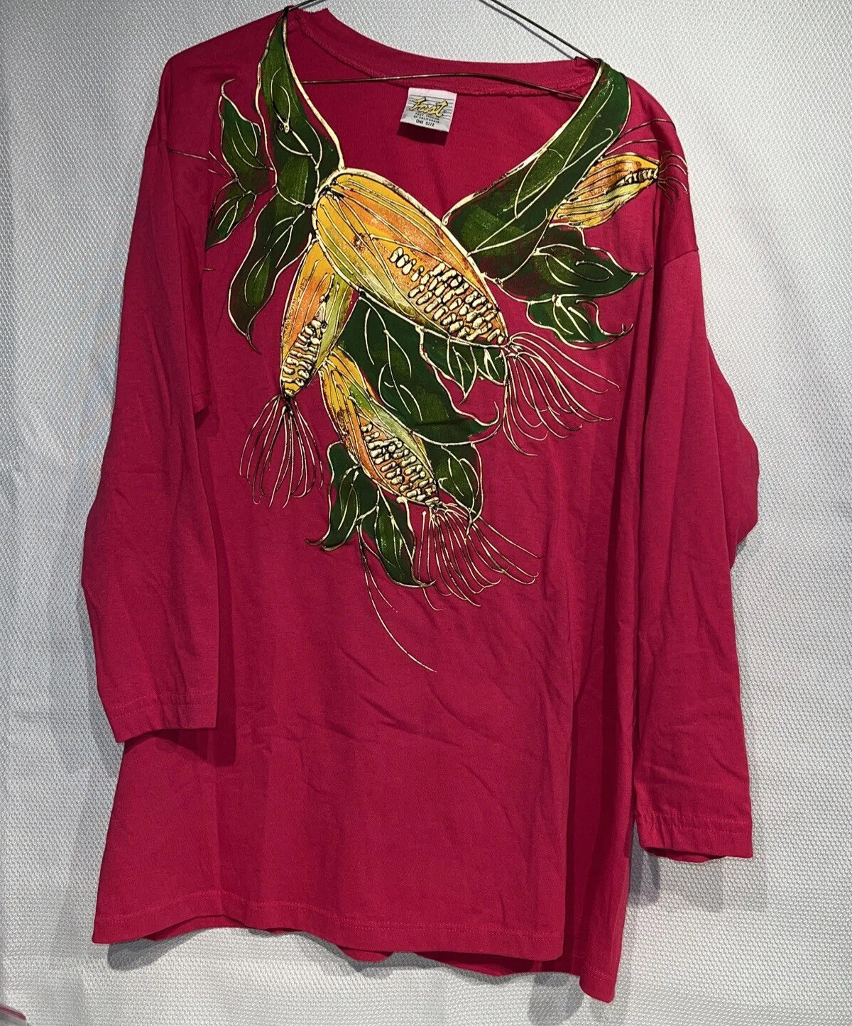 Vtg Fast Fashion Corn Hand Painted Wearable Art One Size Pink T-Shirt Long