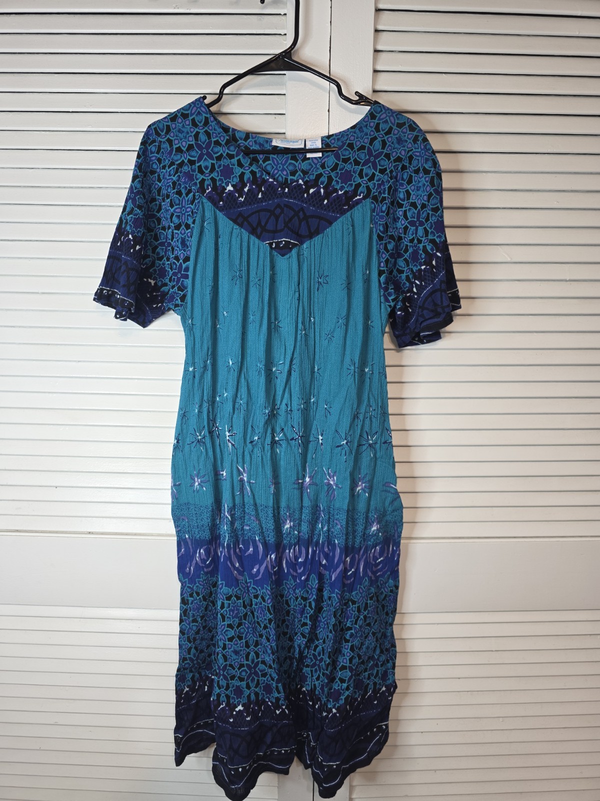 Vintage National Size Large House Dress Mumu Kaftan Teal Blue Floral Vibrant…